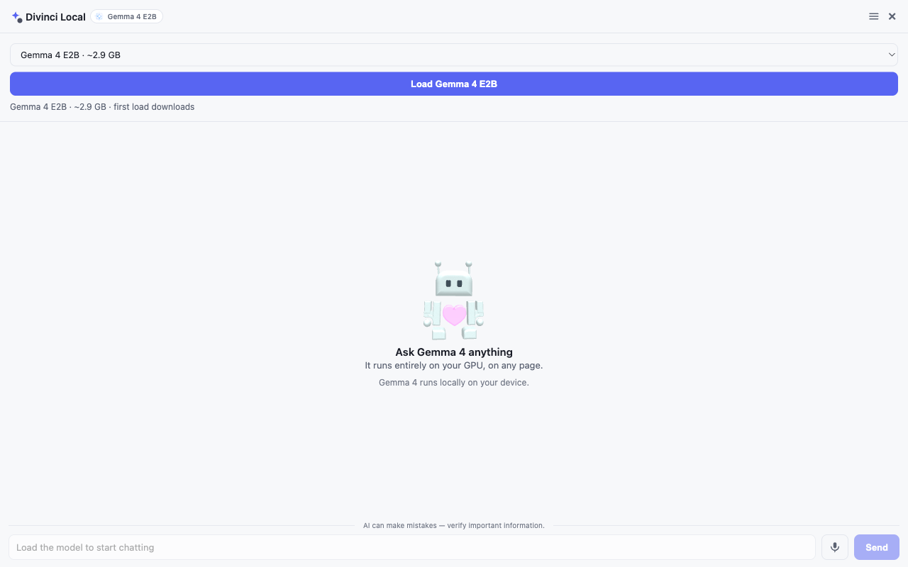 The Divinci Local Inference side panel open on a web page