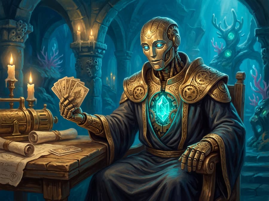 A brass automaton with a glowing crystal heart, holding a hand of cards at the table.