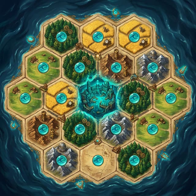 A hexagonal island board around a sunken harbor.