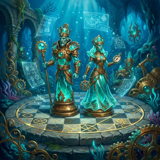 A bronze and sea-glass king and queen on an inlaid board.