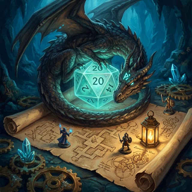 A dragon coiled around a glowing d20 on a dungeon map.