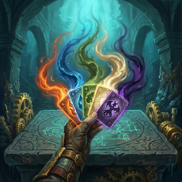 A hand fanning five glowing spell cards.