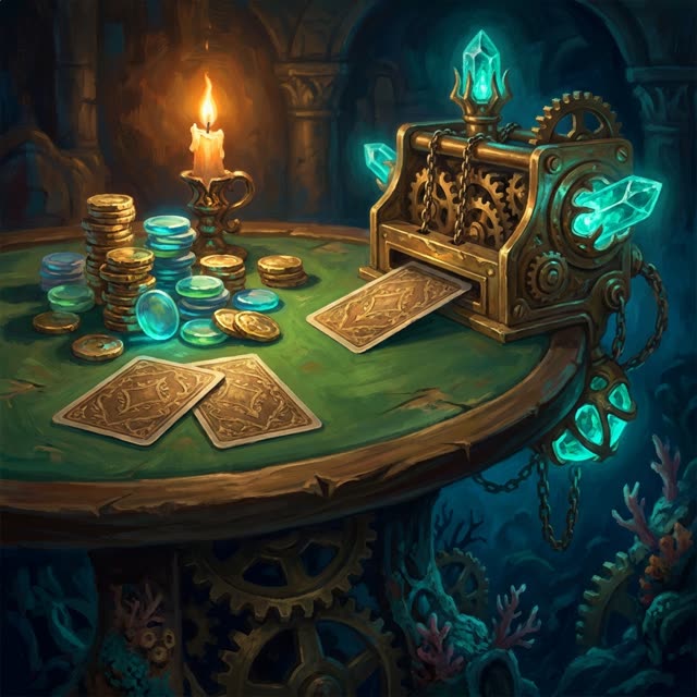 Gold and sea-glass coins beside face-down cards on green felt.