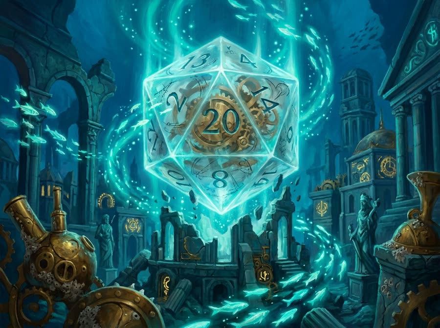 A crystal twenty-sided die rising from the ruins of a sunken city in a swirl of light.