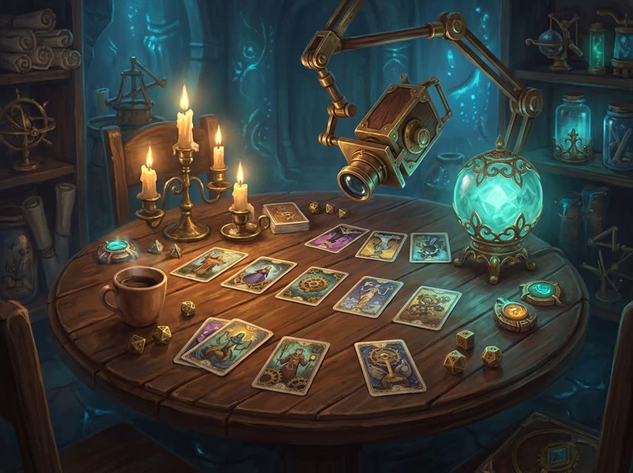 Hand-painted cards on a candlelit wooden table, with a brass camera arm watching from above.