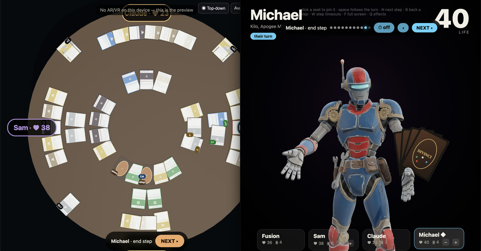 The table's top-down 3D view next to the stage, where each player appears as an avatar with their life total.