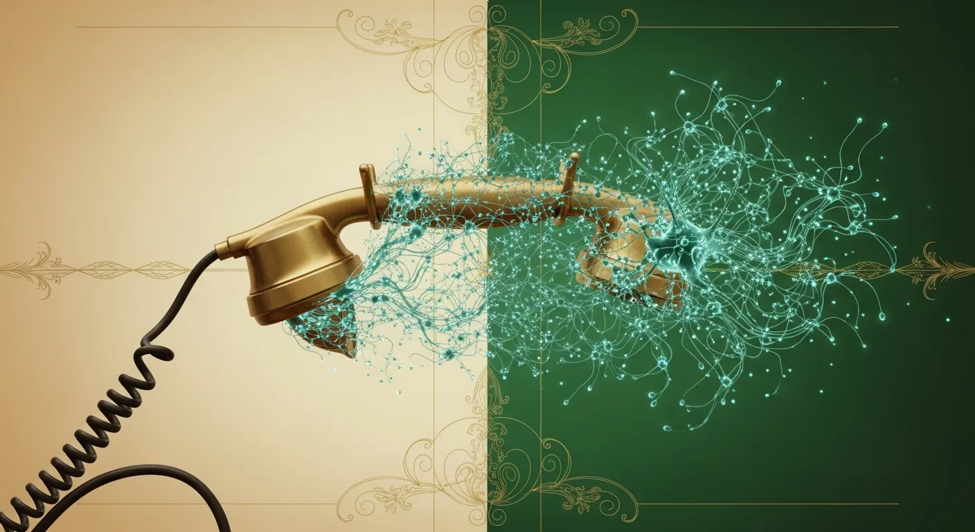 Brass telephone handset with a glowing neural network — Divinci AI Voice Agents